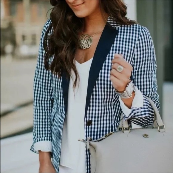 J Crew Gingham Blazer Navy Blue white Cotton 00 - Picture 2 of 9